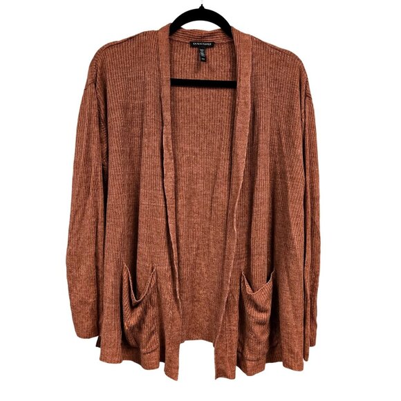Eileen Fisher M Rust Organic Linen Ribbed Knit Open Front Cardigan Pockets - Picture 1 of 10